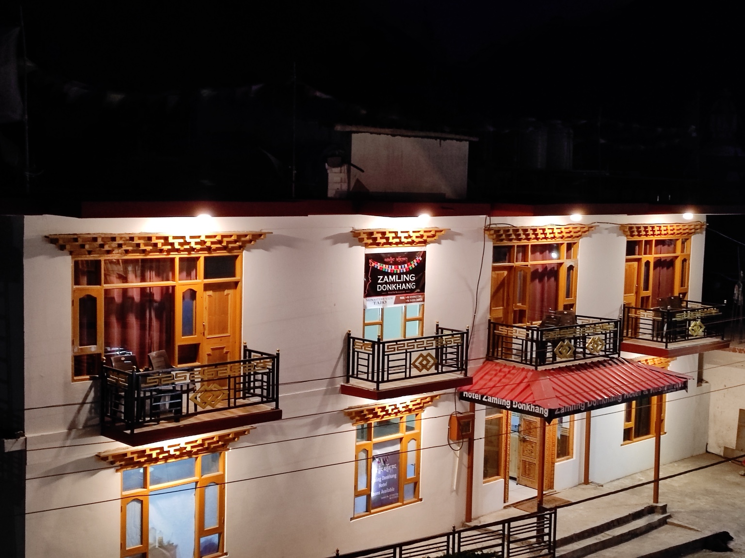 Hotel exterior illuminated at night